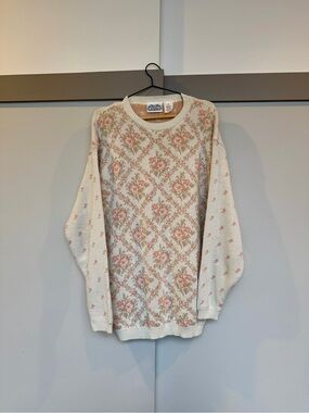The Villager Floral Knit Sweater Cream Pink Cottagecore Size S Made in USA